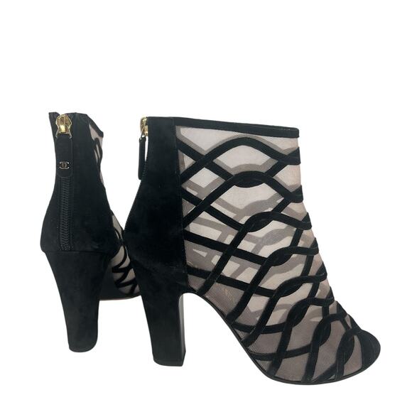 Chanel 2018 Black Suede Mesh Peep Toe CC Logo Ankle Boots - Picture 7 of 16